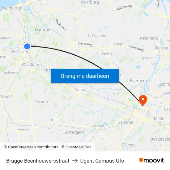 Brugge Beenhouwersstraat to Ugent Campus Ufo map