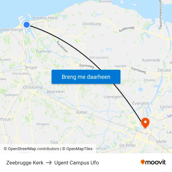 Zeebrugge Kerk to Ugent Campus Ufo map