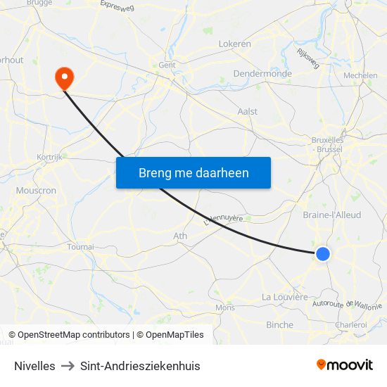 Nivelles to Sint-Andriesziekenhuis map