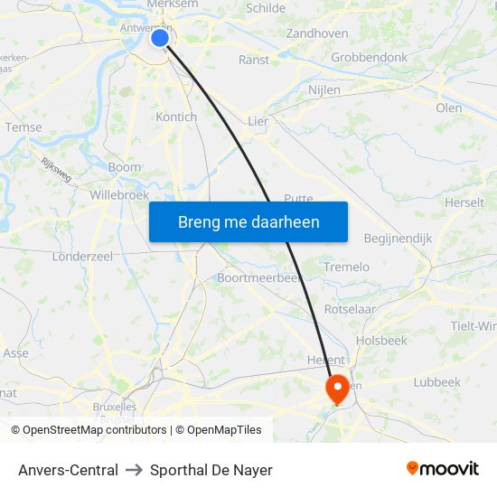 Anvers-Central to Sporthal De Nayer map