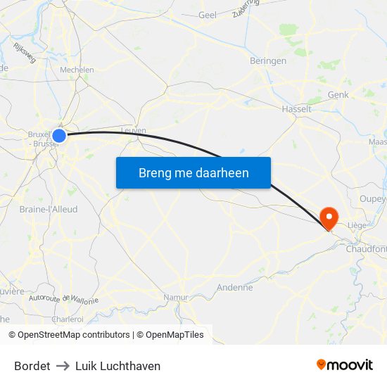 Bordet to Luik Luchthaven map