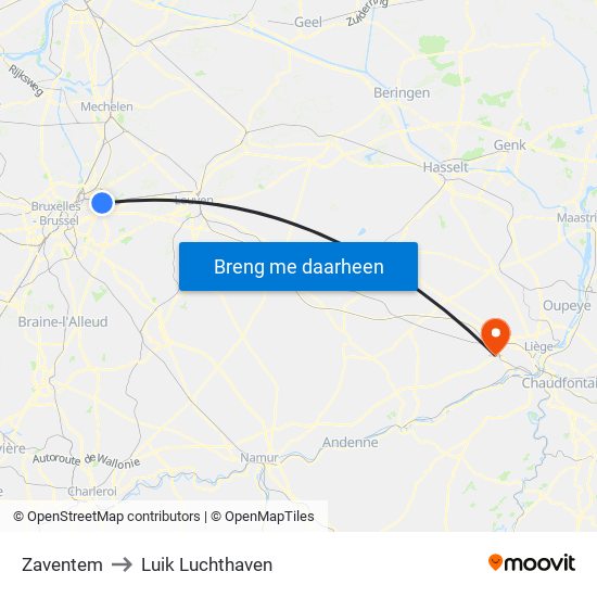 Zaventem to Luik Luchthaven map