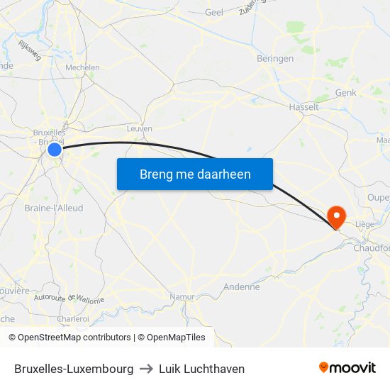 Bruxelles-Luxembourg to Luik Luchthaven map