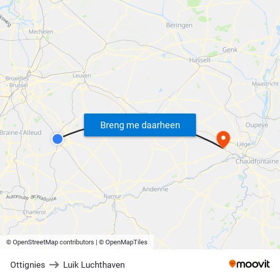 Ottignies to Luik Luchthaven map