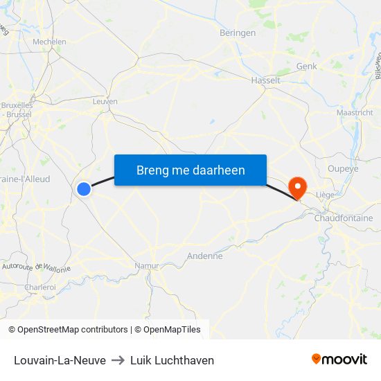 Louvain-La-Neuve to Luik Luchthaven map