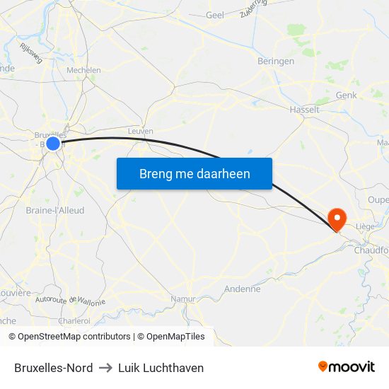 Bruxelles-Nord to Luik Luchthaven map