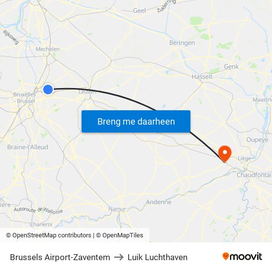 Brussels Airport-Zaventem to Luik Luchthaven map