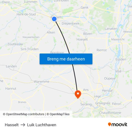Hasselt to Luik Luchthaven map