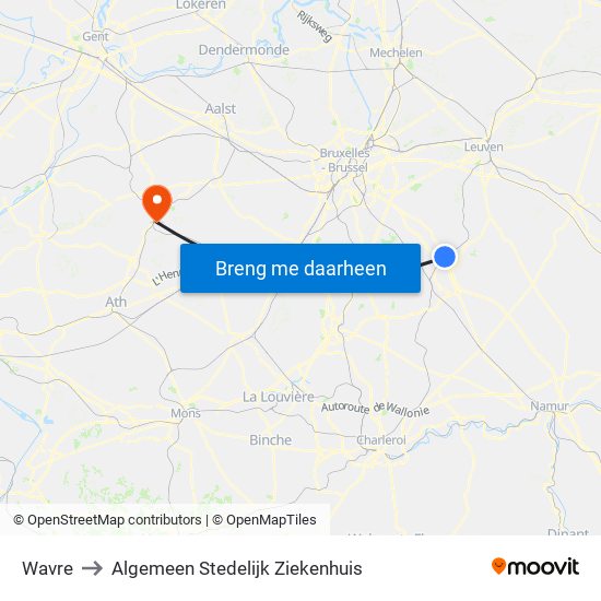 Wavre to Algemeen Stedelijk Ziekenhuis map