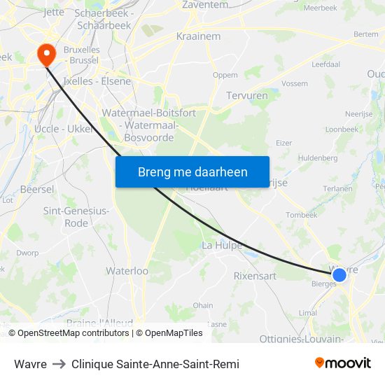 Wavre to Clinique Sainte-Anne-Saint-Remi map