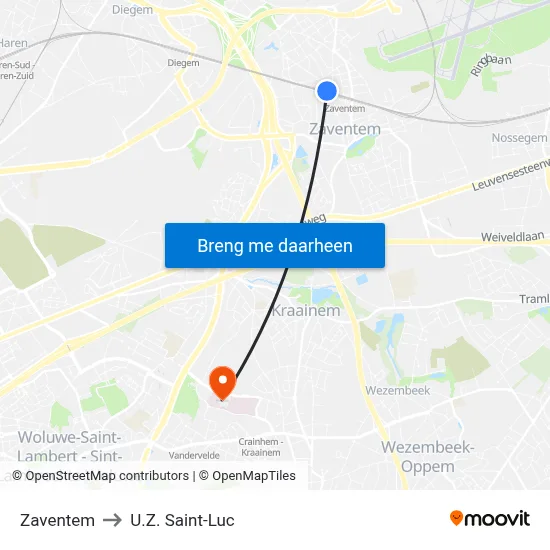 Zaventem to U.Z. Saint-Luc map