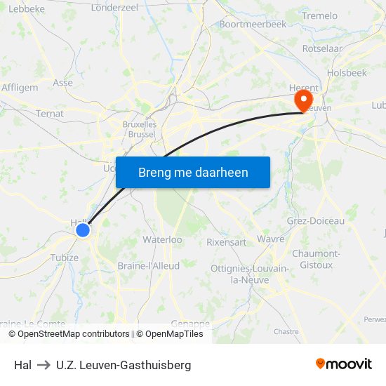 Hal to U.Z. Leuven-Gasthuisberg map