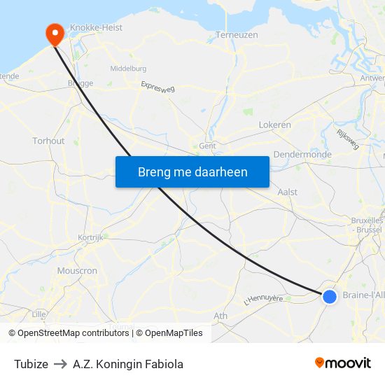 Tubize to A.Z. Koningin Fabiola map