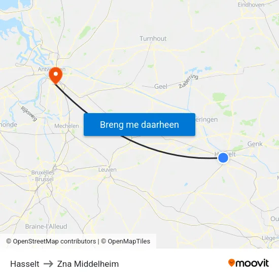 Hasselt to Zna Middelheim map