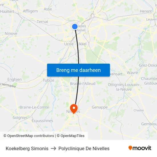 Koekelberg Simonis to Polyclinique De Nivelles map