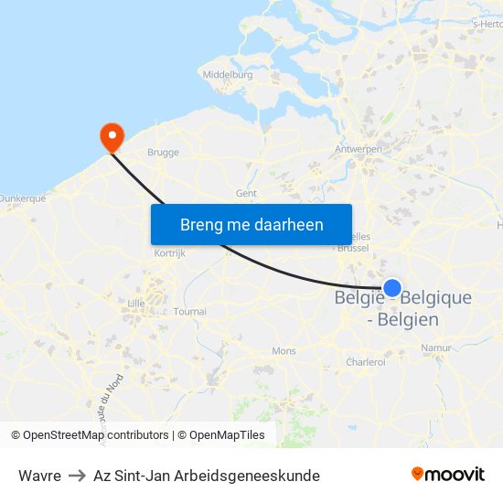 Wavre to Az Sint-Jan Arbeidsgeneeskunde map