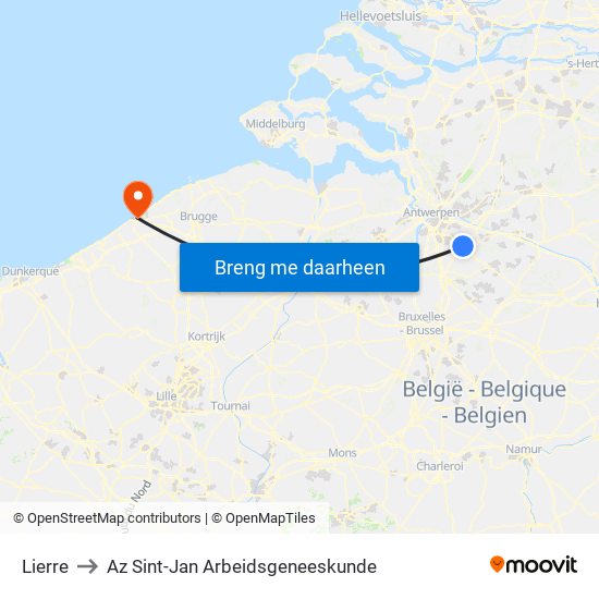 Lierre to Az Sint-Jan Arbeidsgeneeskunde map