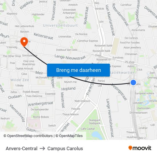 Anvers-Central to Campus Carolus map