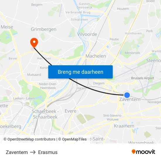 Zaventem to Erasmus map