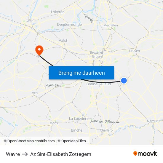 Wavre to Az Sint-Elisabeth Zottegem map