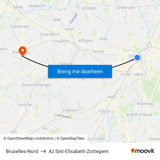 Bruxelles-Nord to Az Sint-Elisabeth Zottegem map