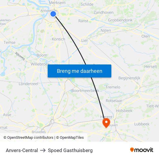 Anvers-Central to Spoed Gasthuisberg map