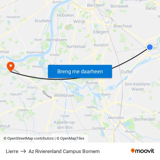 Lierre to Az Rivierenland Campus Bornem map