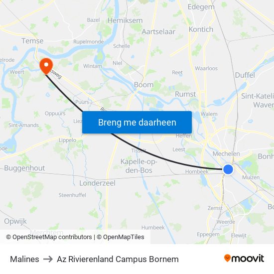 Malines to Az Rivierenland Campus Bornem map