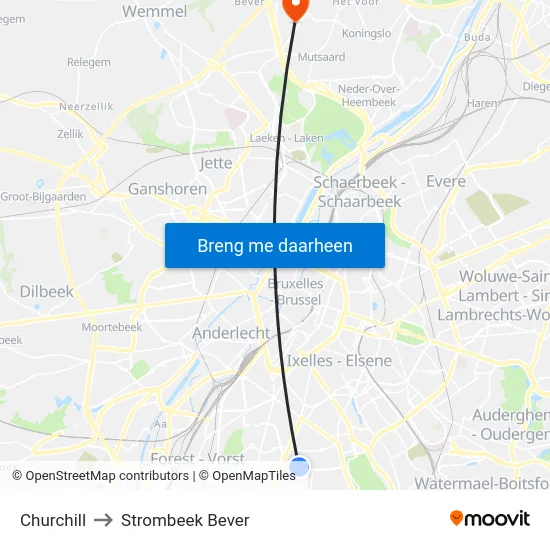 Churchill to Strombeek Bever map