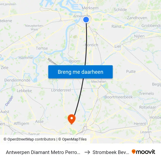 Antwerpen Diamant Metro Perron B to Strombeek Bever map