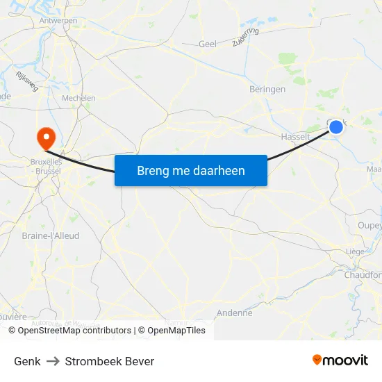 Genk to Strombeek Bever map