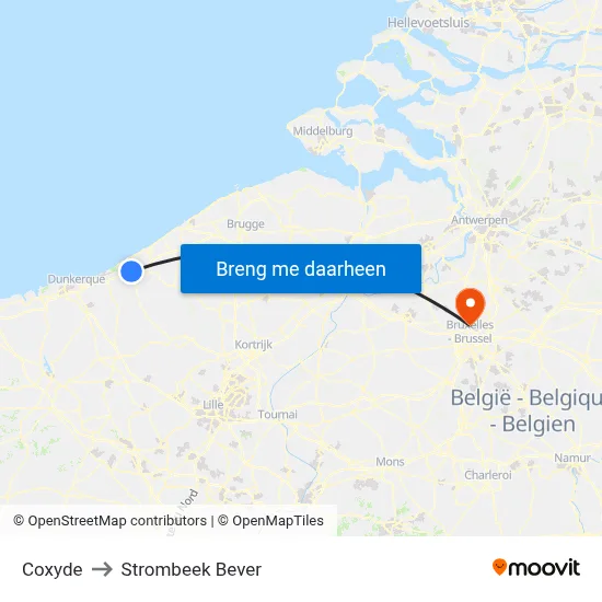 Coxyde to Strombeek Bever map