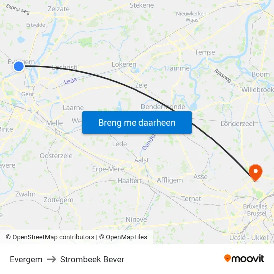 Evergem to Strombeek Bever map