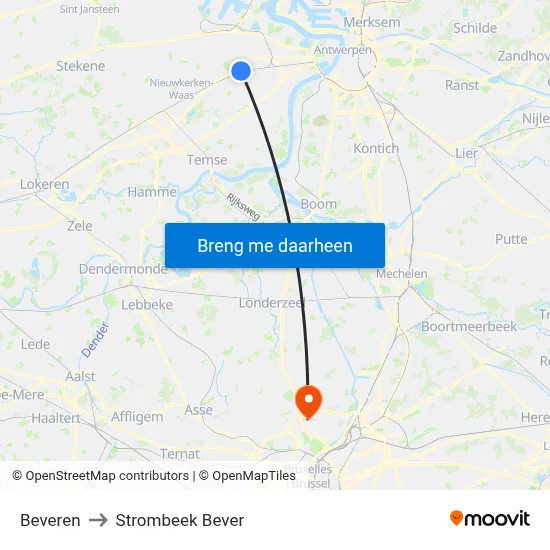 Beveren to Strombeek Bever map