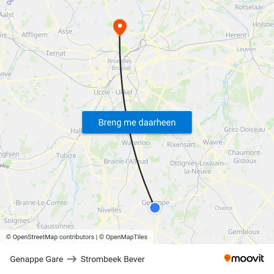 Genappe Gare to Strombeek Bever map