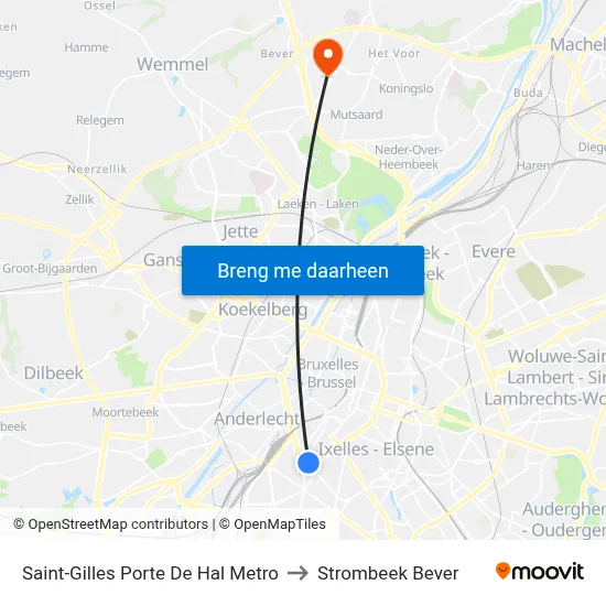 Saint-Gilles Porte De Hal Metro to Strombeek Bever map