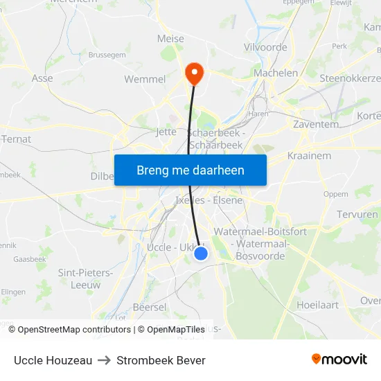 Uccle Houzeau to Strombeek Bever map