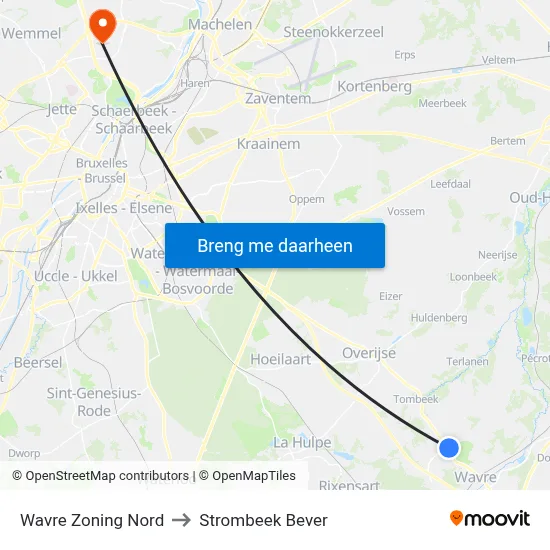 Wavre Zoning Nord to Strombeek Bever map