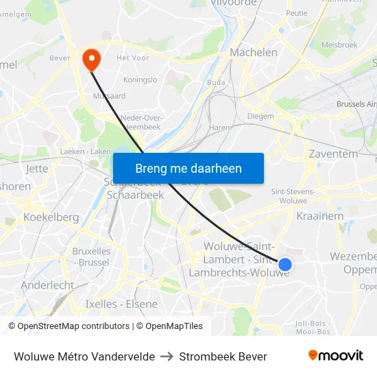 Woluwe Métro Vandervelde to Strombeek Bever map