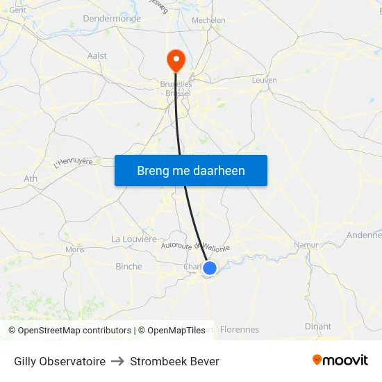 Gilly Observatoire to Strombeek Bever map
