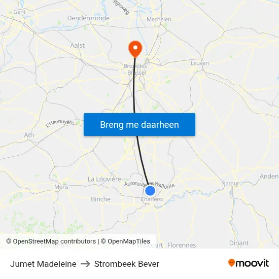 Jumet Madeleine to Strombeek Bever map