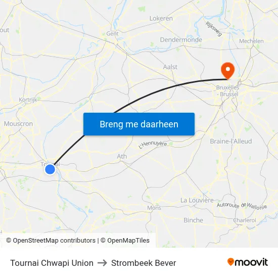 Tournai Chwapi Union to Strombeek Bever map