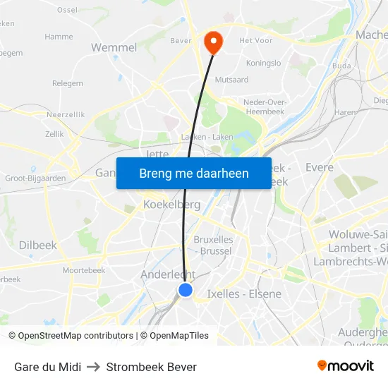 Gare du Midi to Strombeek Bever map