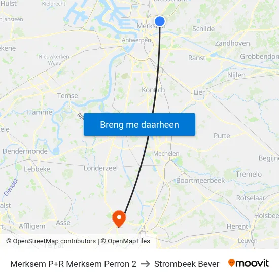 Merksem P+R Merksem Perron 2 to Strombeek Bever map
