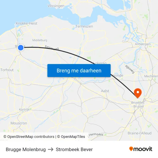 Brugge Molenbrug to Strombeek Bever map