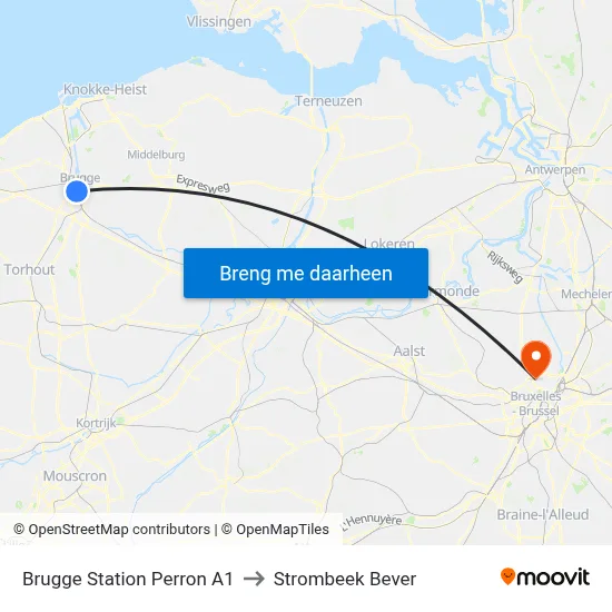 Brugge Station Perron A1 to Strombeek Bever map
