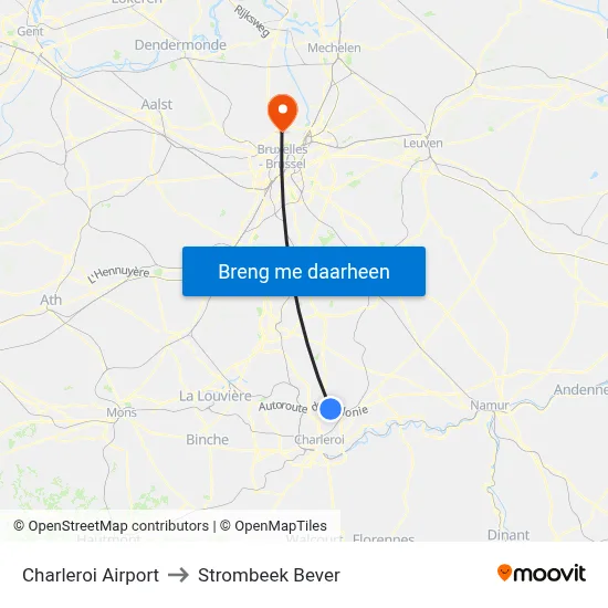 Charleroi Airport to Strombeek Bever map