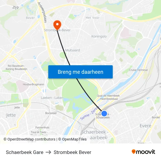 Schaerbeek Gare to Strombeek Bever map