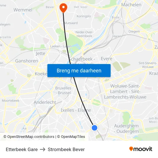 Etterbeek Gare to Strombeek Bever map