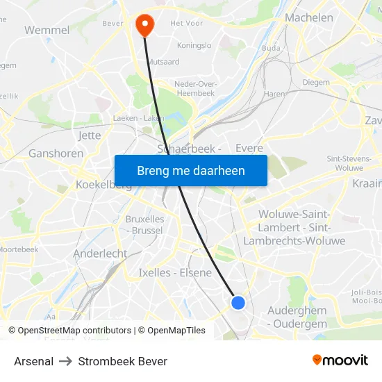 Arsenal to Strombeek Bever map